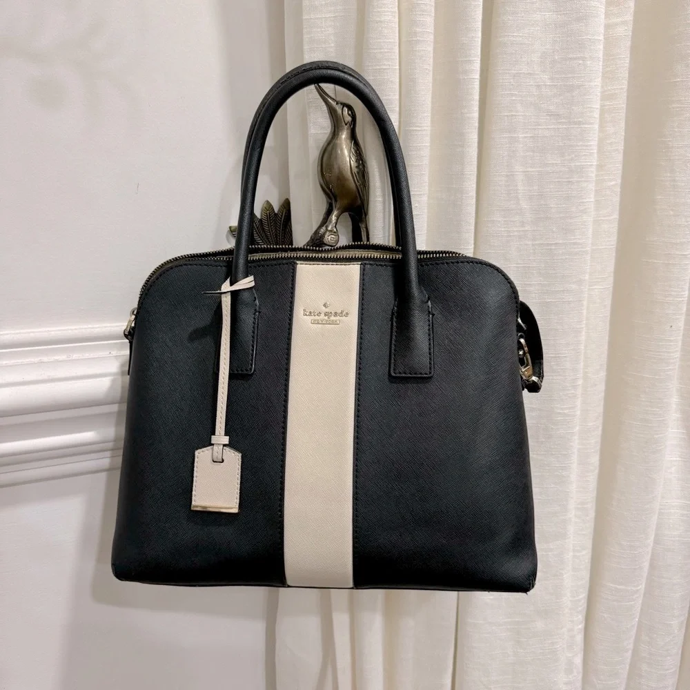 Kate Spade Cameron Street Racing Stripe Margot Crossgrain Leather Black White Pu - Picture 1 of 12